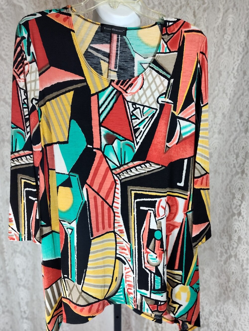 Travel Elements Abstract Geo-Print Long Sleeve Tunic - Coral/Teal/Black/Yellow